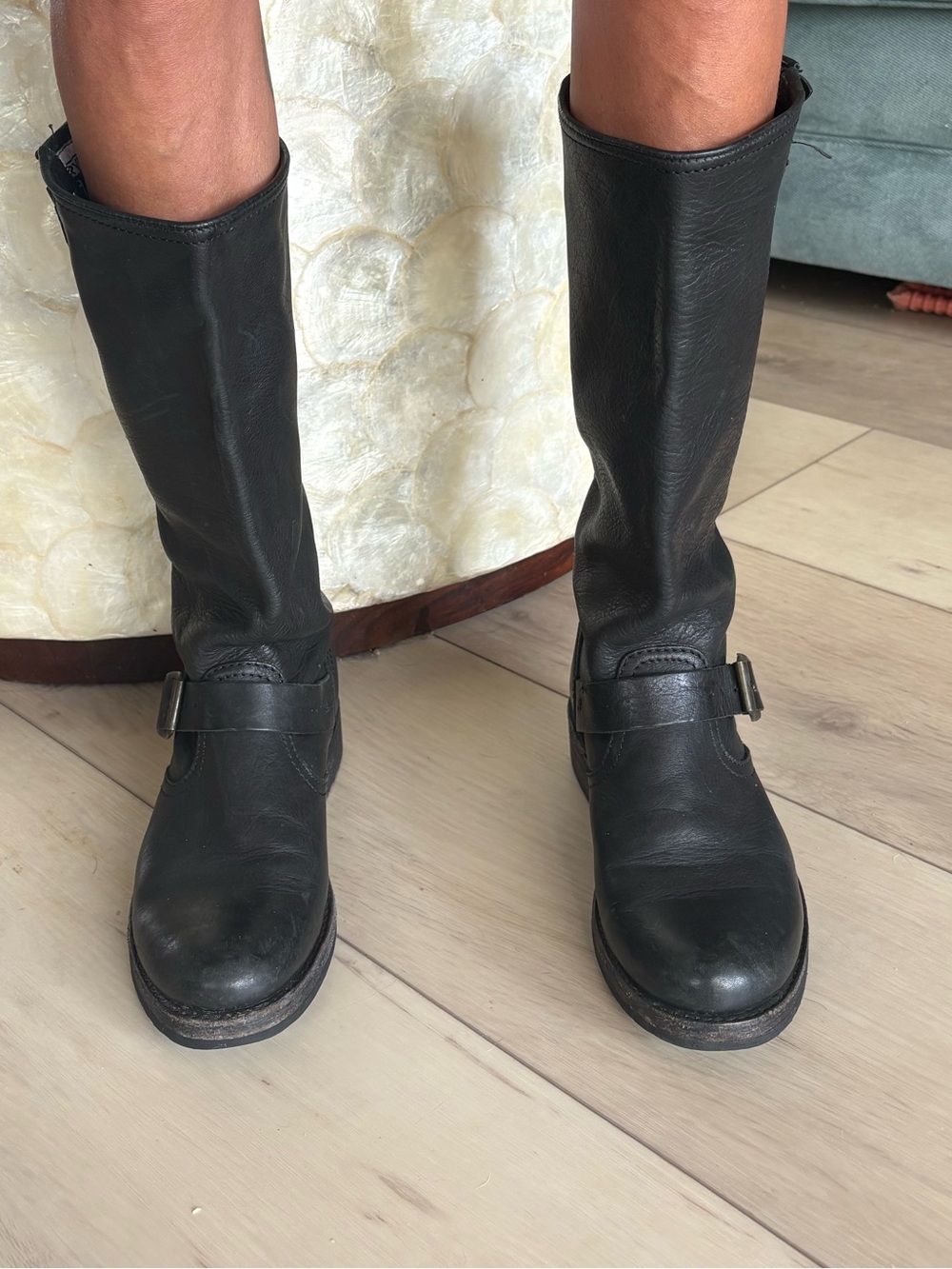 Frye Black Leather Mid-Calf Buckle Moto Boot - Picture 4 of 6